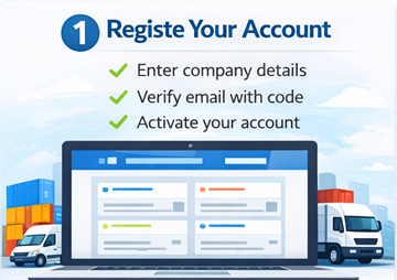 Registrazione account cliente su ExusTrans con dati aziendali e verifica email
